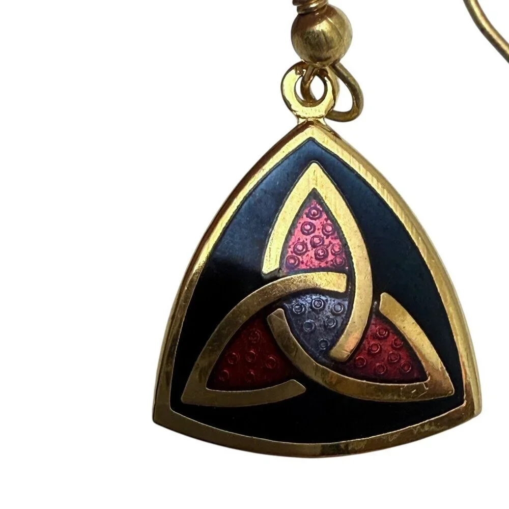 Celtic Enamel Earrings by Sea Gems Pierced Dangle Triangle Goldtone
